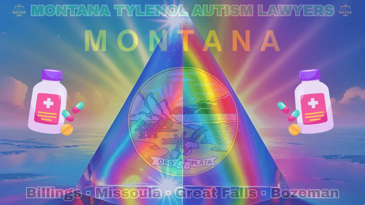 MONTANA TYLENOL AUTISM LAWYERS: Billings, Missoula, Great Falls, and Bozeman text on MT state flag adorned with the multi-color Autism spectrum and painkillers depicted on a blue field near official seal featuring a plow and mountains