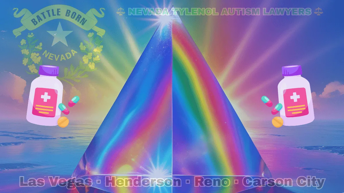 NEVADA TYLENOL AUTISM LAWYERS: Las Vegas, Henderson, Reno, and Carson City text on NV state flag adorned with the multi-color Autism spectrum and painkillers depicted on a blue field near a silver star and “BATTLE BORN” motto