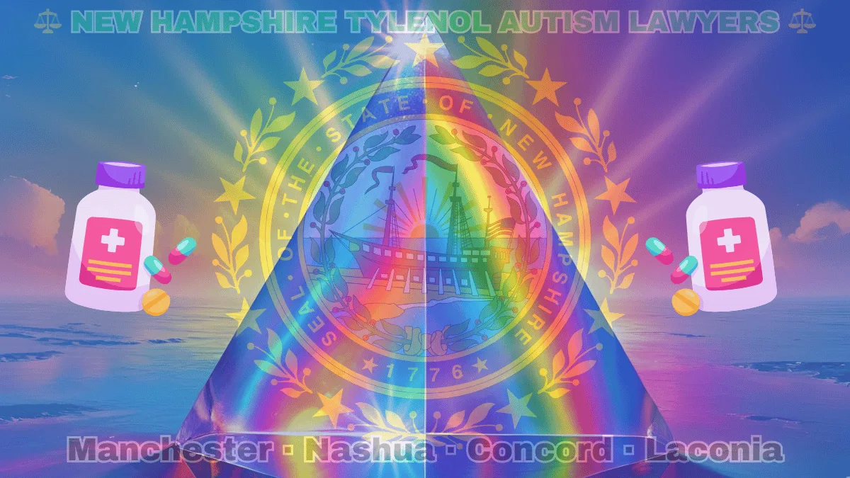 NEW HAMPSHIRE TYLENOL AUTISM LAWYERS: Manchester, Nashua, Concord, and Laconia text on NH state flag adorned with the multi-color Autism spectrum and painkillers depicted on blue field near a Portsmouth's frigate encircled by laurel leaves and stars