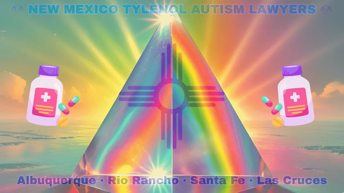 NEW MEXICO TYLENOL AUTISM LAWYERS: Albuquerque, Rio Rancho, Santa Fe, and Las Cruces text on NM state flag adorned with the multi-color Autism spectrum and painkillers depicted on a yellow background near a red Zia sun symbol