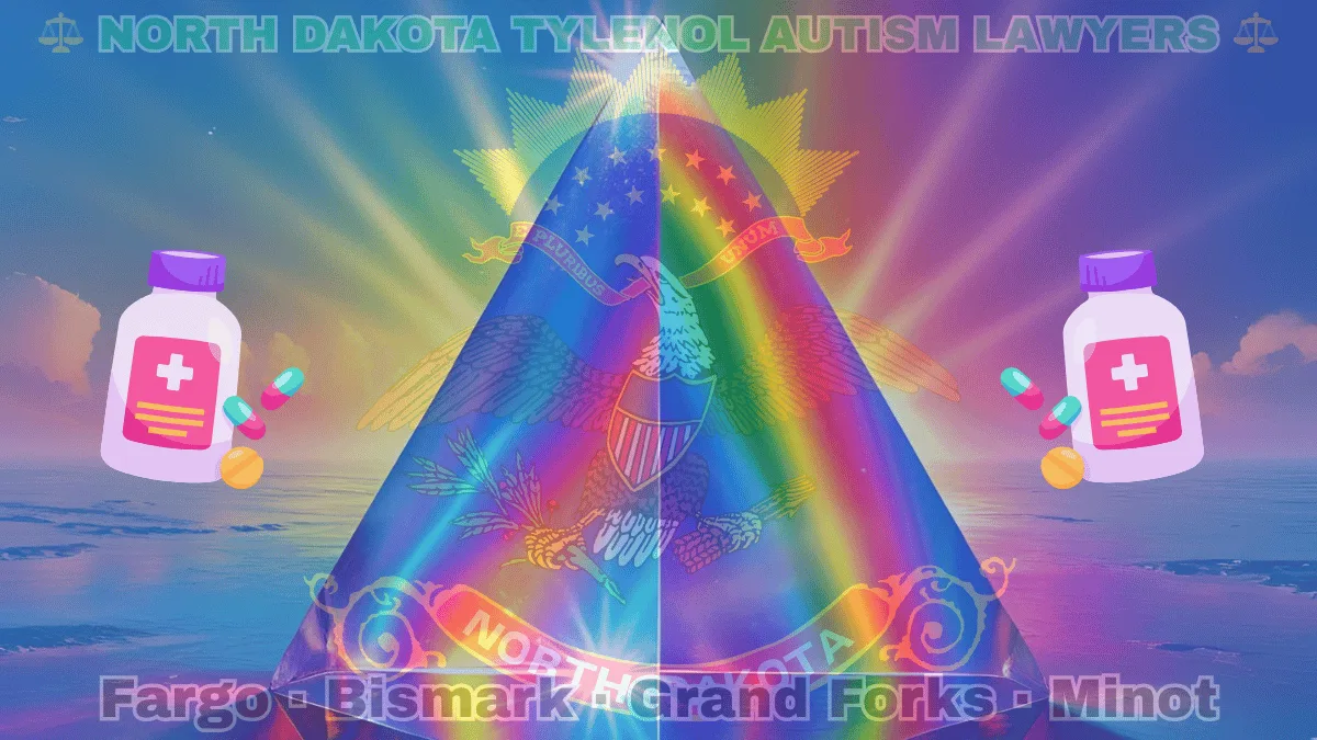 NORTH DAKOTA TYLENOL AUTISM LAWYERS: Fargo, Bismark, Grand Forks, and Minot text on ND state flag adorned with the multi-color Autism spectrum and painkillers depicted on a blue field near a bald eagle, ribbon, and shield.