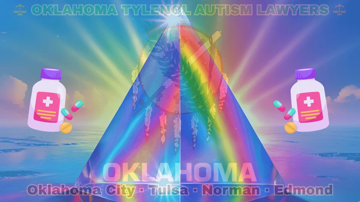 OKLAHOMA TYLENOL AUTISM LAWYERS: Oklahoma City, Tulsa, Norman, and Edmond text on OK state flag adorned with the multi-color Autism spectrum and painkillers depicted on a sky blue field near an Osage shield featuring an olive branch and peace pipe