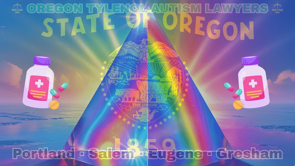 OREGON TYLENOL AUTISM LAWYERS: Portland, Salem, Eugene, and Gresham text on OR state flag adorned with the multi-color Autism spectrum and painkillers depicted on a blue field near a gold seal featuring a covered wagon, an eagle, mountains, and a setting sun, with the year 1859 below.
