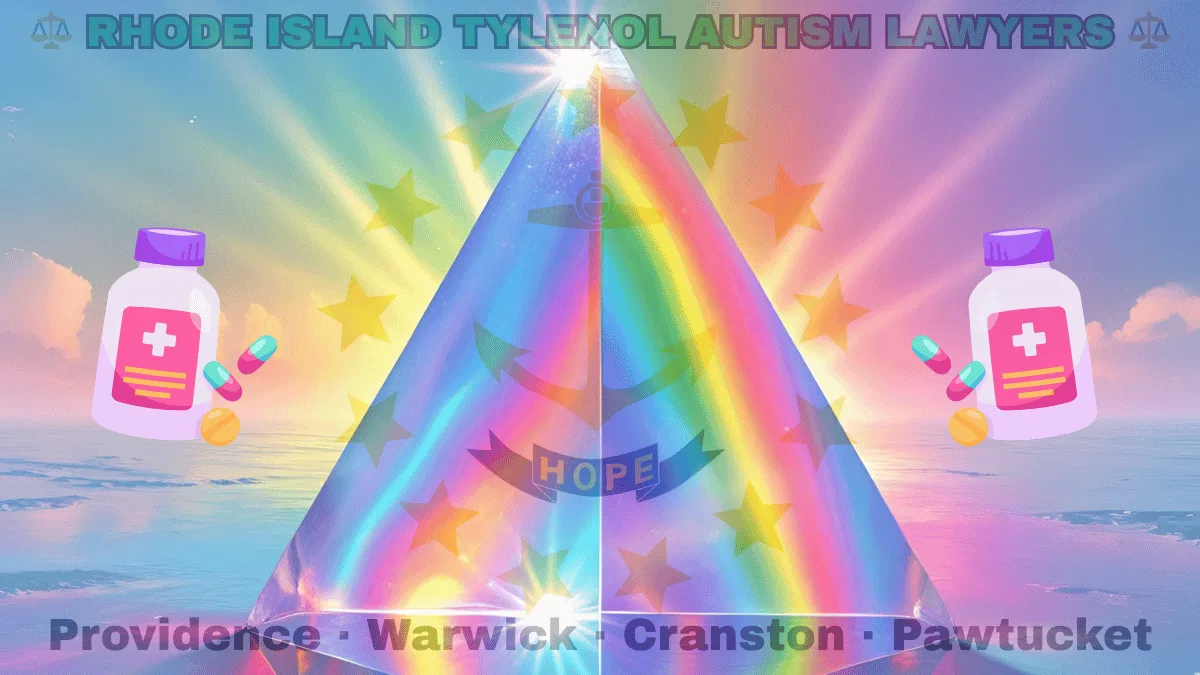 RHODE ISLAND TYLENOL AUTISM LAWYERS: Providence, Warwick, Cranston, and Pawtucket text on RI state flag adorned with the multi-color Autism spectrum and painkillers depicted on a white background near an anchor, gold stars, and “HOPE” motto