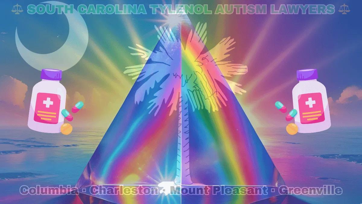 SOUTH CAROLINA TYLENOL AUTISM LAWYERS: Columbia, Charleston, Mount Pleasant, and Greenville text on SC state flag adorned with the multi-color Autism spectrum and painkillers depicted on a blue field near a white palmetto tree and crescent moon