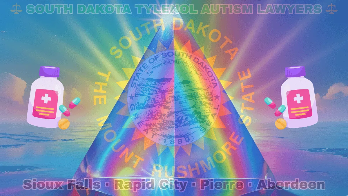 SOUTH DAKOTA TYLENOL AUTISM LAWYERS: Sioux Falls, Rapid City, Pierre, and Aberdeen text on SD state flag adorned with the multi-color Autism spectrum and painkillers depicted on a blue field near the official seal and words "THE MOUNT RUSHMORE STATE"