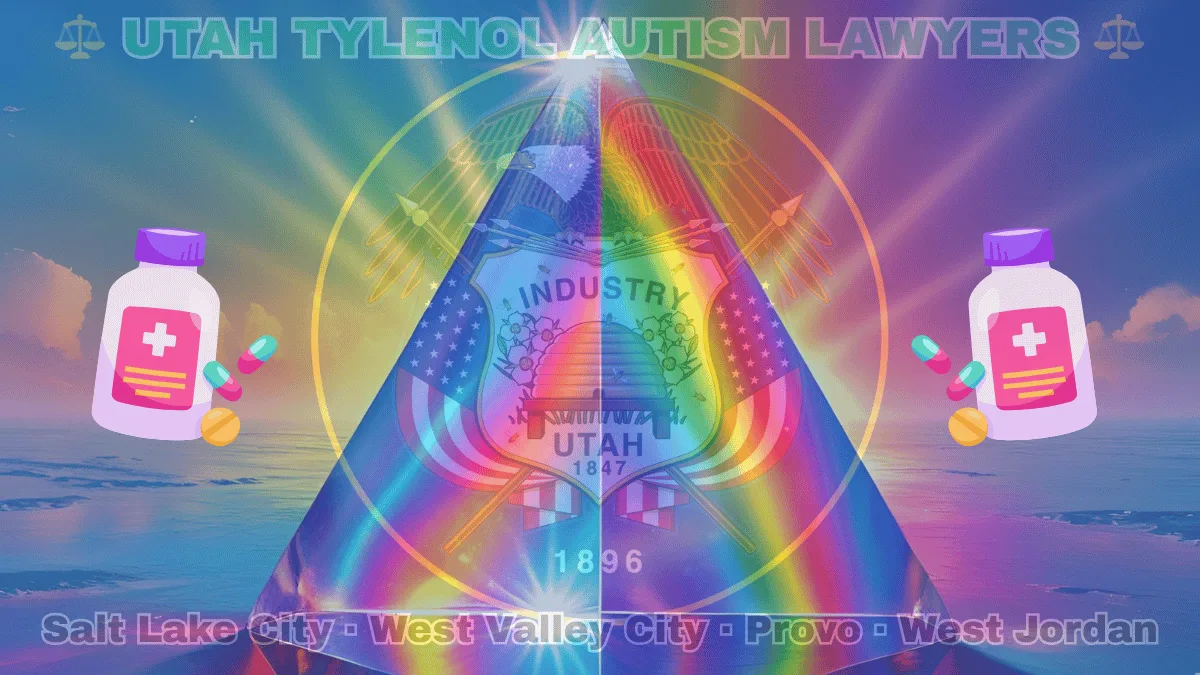 UTAH TYLENOL AUTISM LAWYERS: Salt Lake City, West Valley City, Provo, and West Jordan text on UT state flag adorned with the multi-color Autism spectrum and painkillers depicted on a blue field near a beehive, bald eagle, motto and date