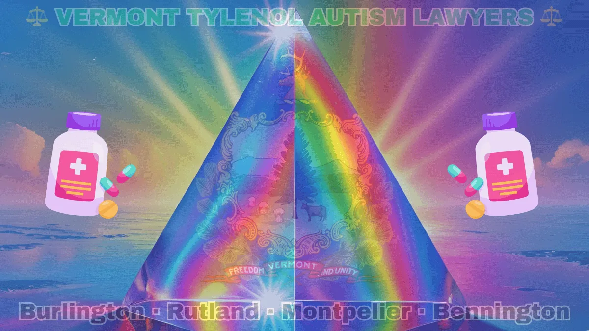 VERMONT TYLENOL AUTISM LAWYERS: Burlington, Rutland, Montpelier, and Bennington text on VT state flag adorned with the multi-color Autism spectrum and painkillers depicted on a blue field near the official coat of arms featuring a pine tree and cow