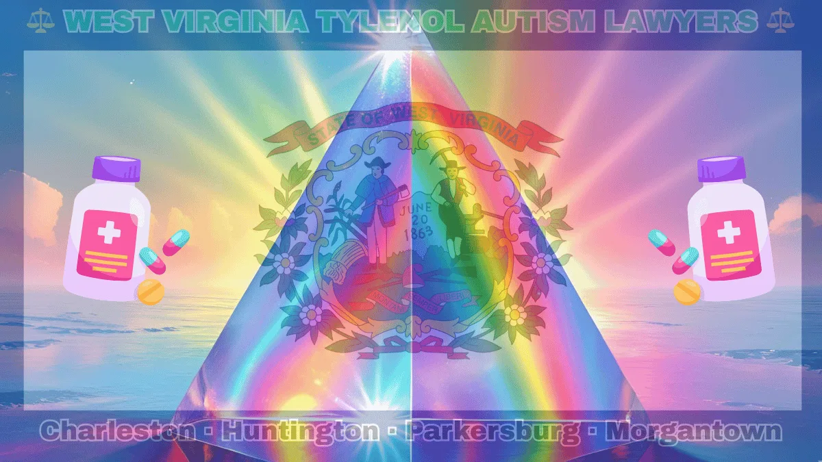 WEST VIRGINIA TYLENOL AUTISM LAWYERS: Charleston, Huntington, Parkersburg, and Morgantown text on WV state flag adorned with the multi-color Autism spectrum and painkillers depicted on a white field with blue border near the official seal encircled by rhododendrons