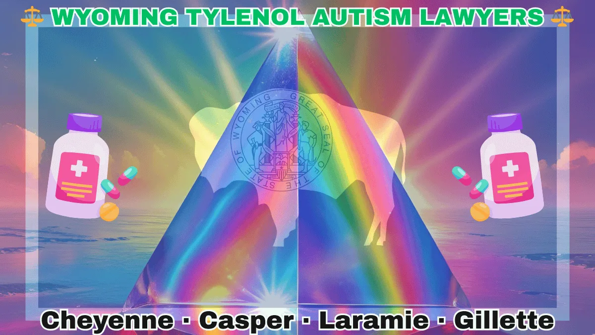 WYOMING TYLENOL AUTISM LAWYERS: Cheyenne, Casper, Laramie, and Gillette text on WY state flag adorned with the multi-color Autism spectrum and painkillers depicted on a blue field bordered in white and red near a white bison bearing the official seal.